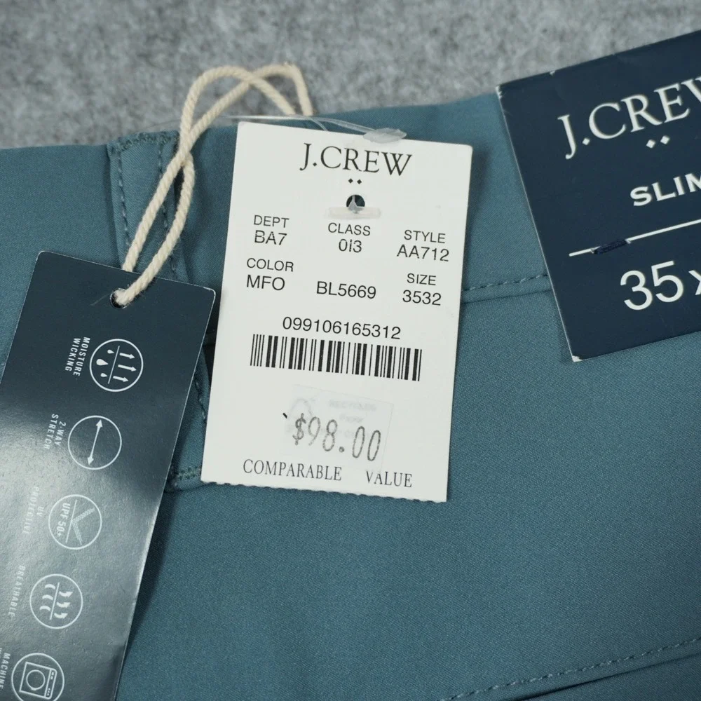 J. Crew‎ Slim Tech Pants Chino Mens 35x32 Blue Green Mountain Fog Stretch NEW